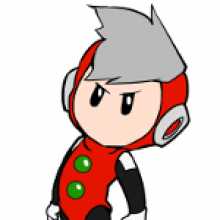 little cartoon robot with gray hair and a red suit