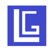 A white, uppercase letter "L" and white, uppercase letter "G" on a blue background.