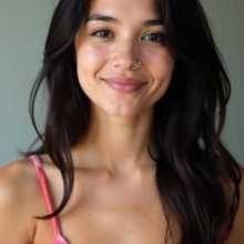  A woman with long dark hair wearing a pink tank top, smiling and standing against a neutral background.