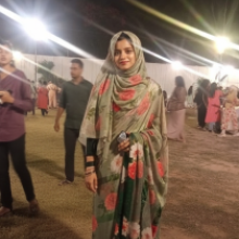 Standing outdoors at night wearing traditional dress