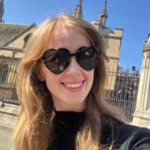 Emma outside the House of Commons in Westminster, London