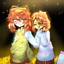 Frisk and Chara from Undertale posing together on a bed of golden flowers.