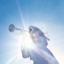 Album art, 'Getting Killed' by Geese. Depicts a person holding a revolver and trumpet. The image is blinded by glare. 