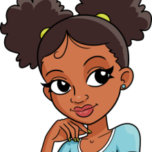 Image showing an animated portrait of a teenage girl. She is wearing a blue top, paired with blue earrings. Hair is tied into two neat pompoms.  