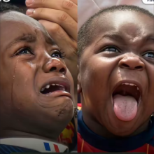 Two football fans reacting to World Cup match