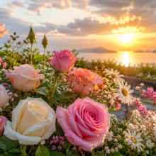 A garden filled with pink and peach roses overlooking a scenic landscape at sunset.