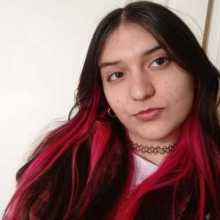 Picture of a girl with brown and dark pink hair, wearing eyeliner and a choker